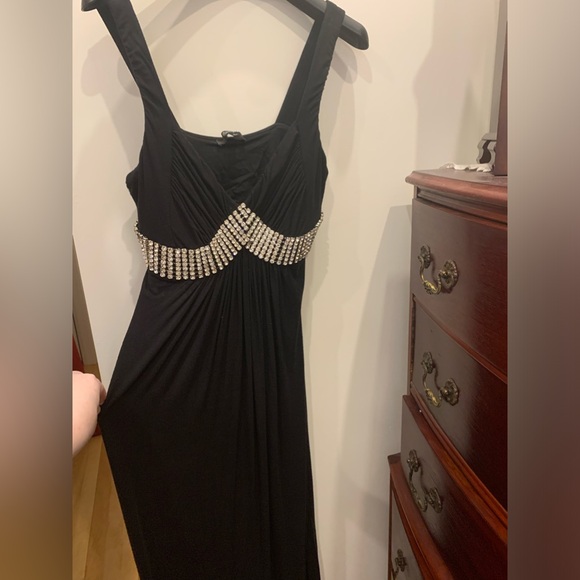 SKY- Long Black gown with large clear stones under the lined bust. Size Large - Picture 2 of 5